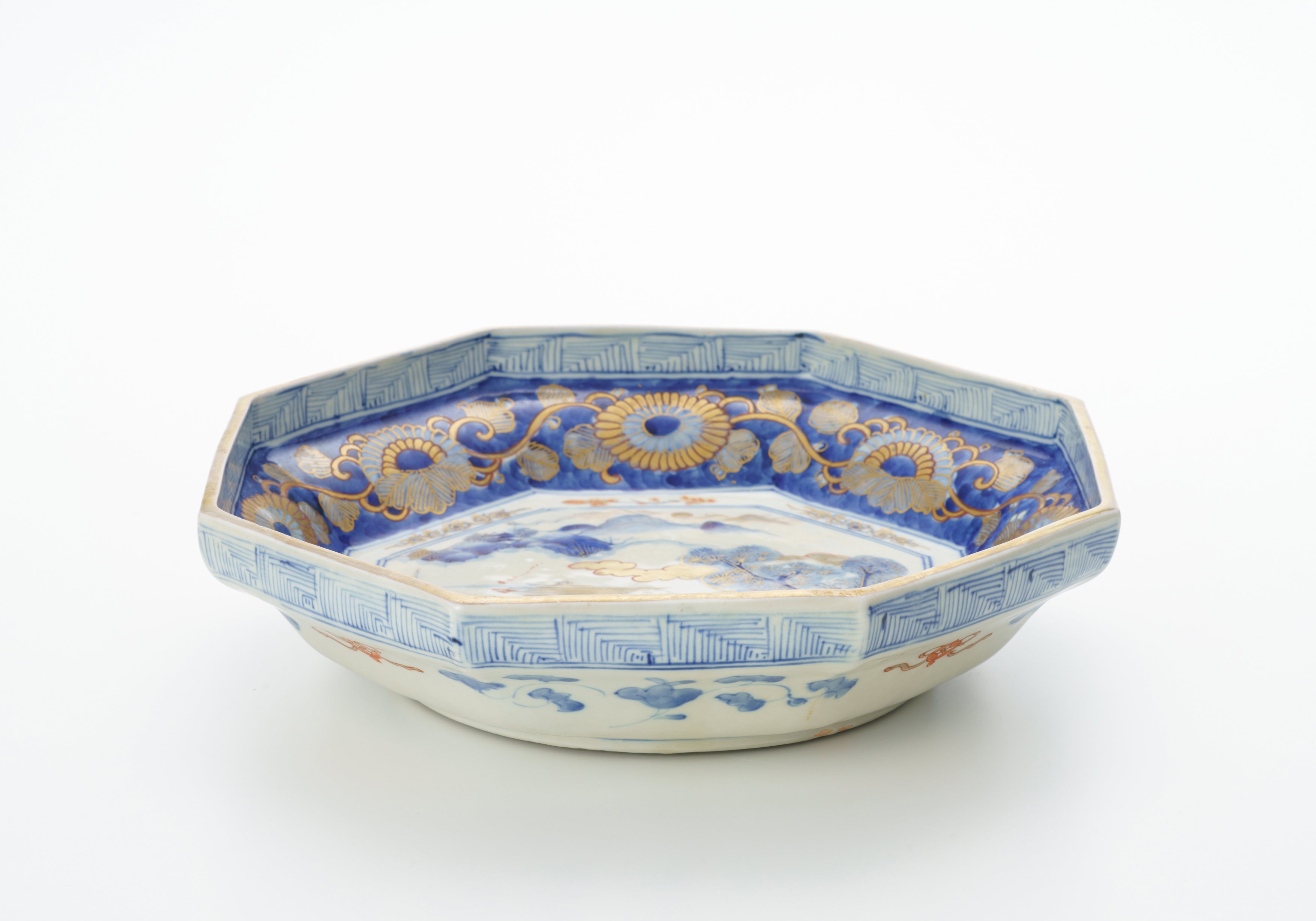 美品 古伊万里 陶器 年代物 盛り皿 角皿 八角絵皿 線画 山水の絵柄が