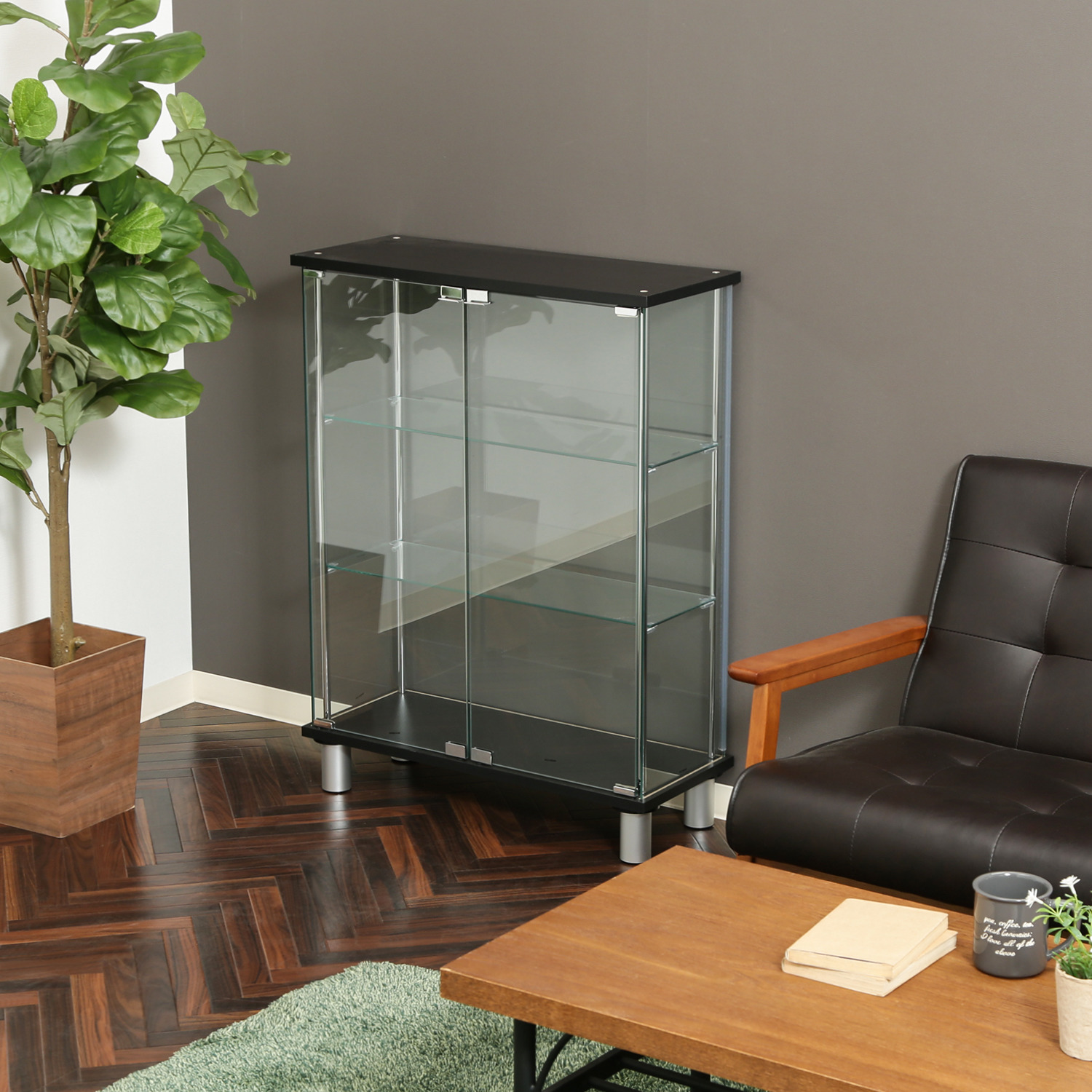 C/D:99486] ガラスディスプレイケース3段 ワイド BK ｜ ORDERING