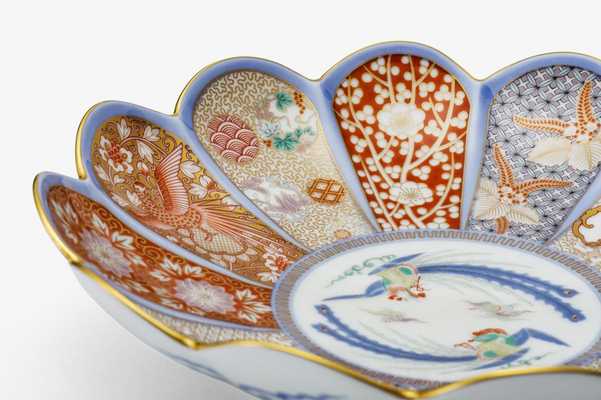 小皿5枚 深川製 花文様 木箱付き 深川ブルー 染付 金彩