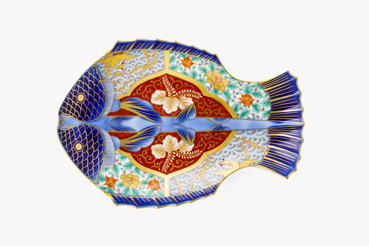 深川製磁 古伊万里鳳凰割地紋 魚型皿 古伊万里鳳凰割地紋