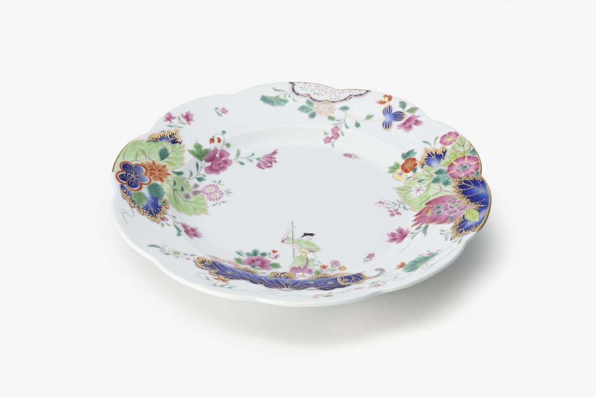 深川栄左衛門 染錦草花有職文扇形大皿 幕末 明治 香蘭社 深川製磁