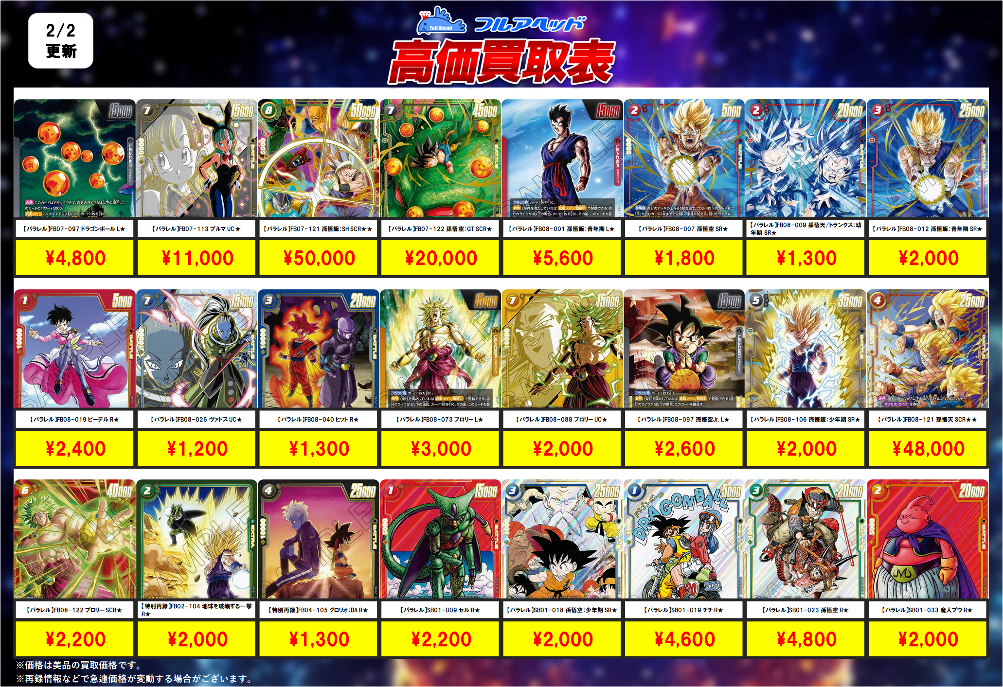 ドラゴンボールフュージョンワールド】買取表、販売価格の調整を行い