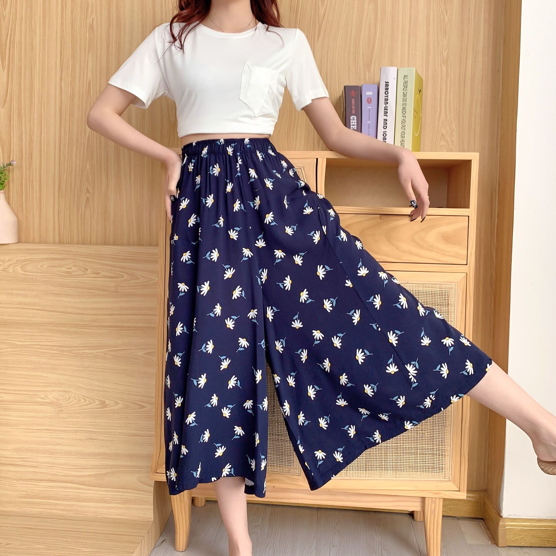 柄 パンツ 優美花柄とドット模様のガウチョパンツ ドット 柄|柄 パンツ