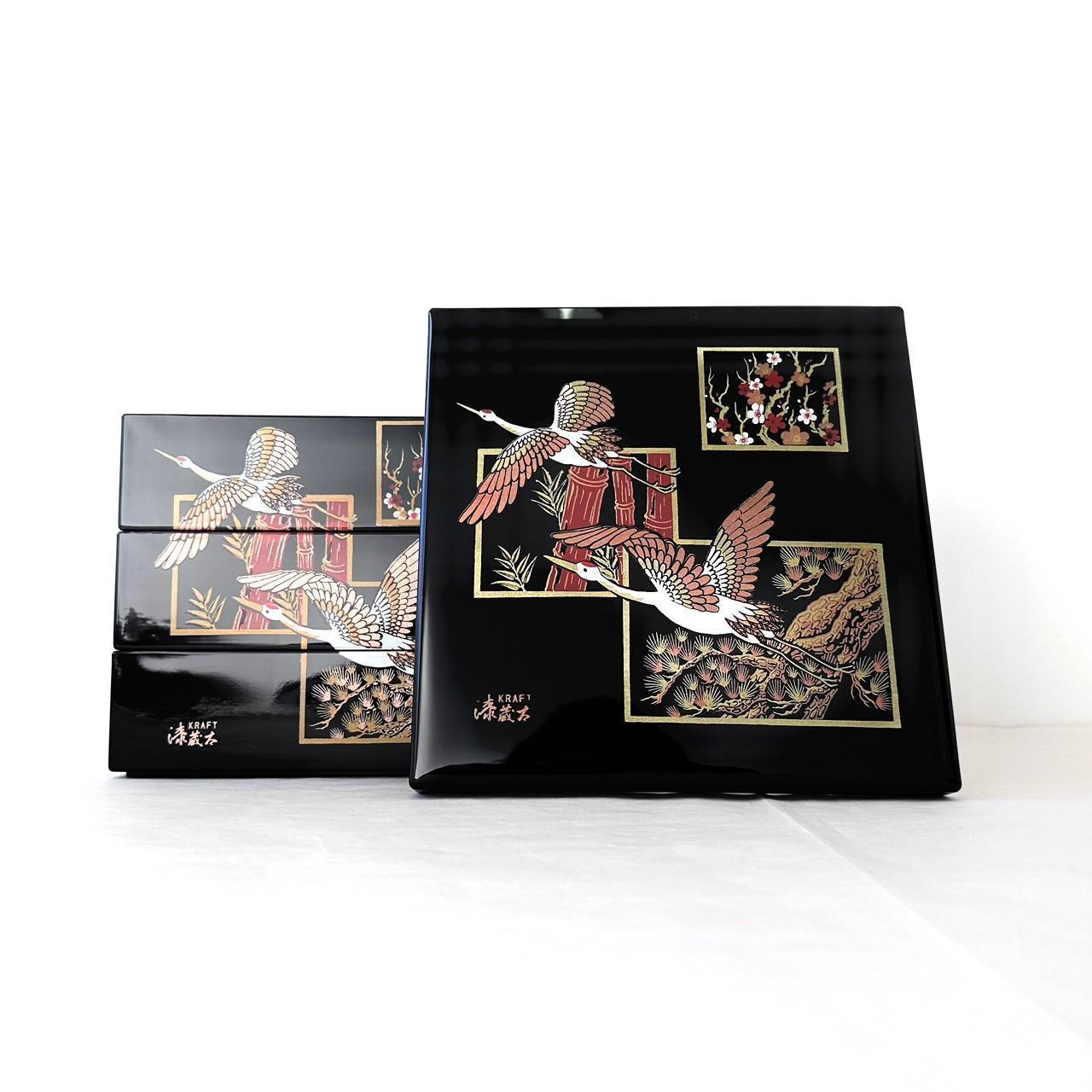 三段重箱 黒内朱 吉兆鶴 お重 紀州漆器 重箱 おせち おせち料理 お正月