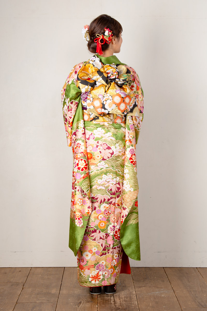 ☆グリーン地に御所車と花柄振袖 | MK振袖スタイル | 振袖購入