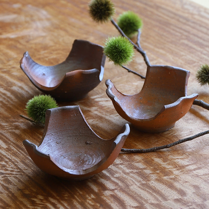 各見政峯 備前 皿 緋襷 扇面皿 5枚 共箱 各見政峯 備前 皿 緋襷 扇面皿