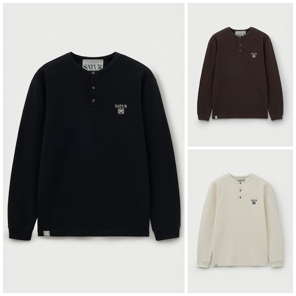 SATUR ブラック ヘンリーネック Tシャツ M ☆ SATUR ☆ Waffle Henry