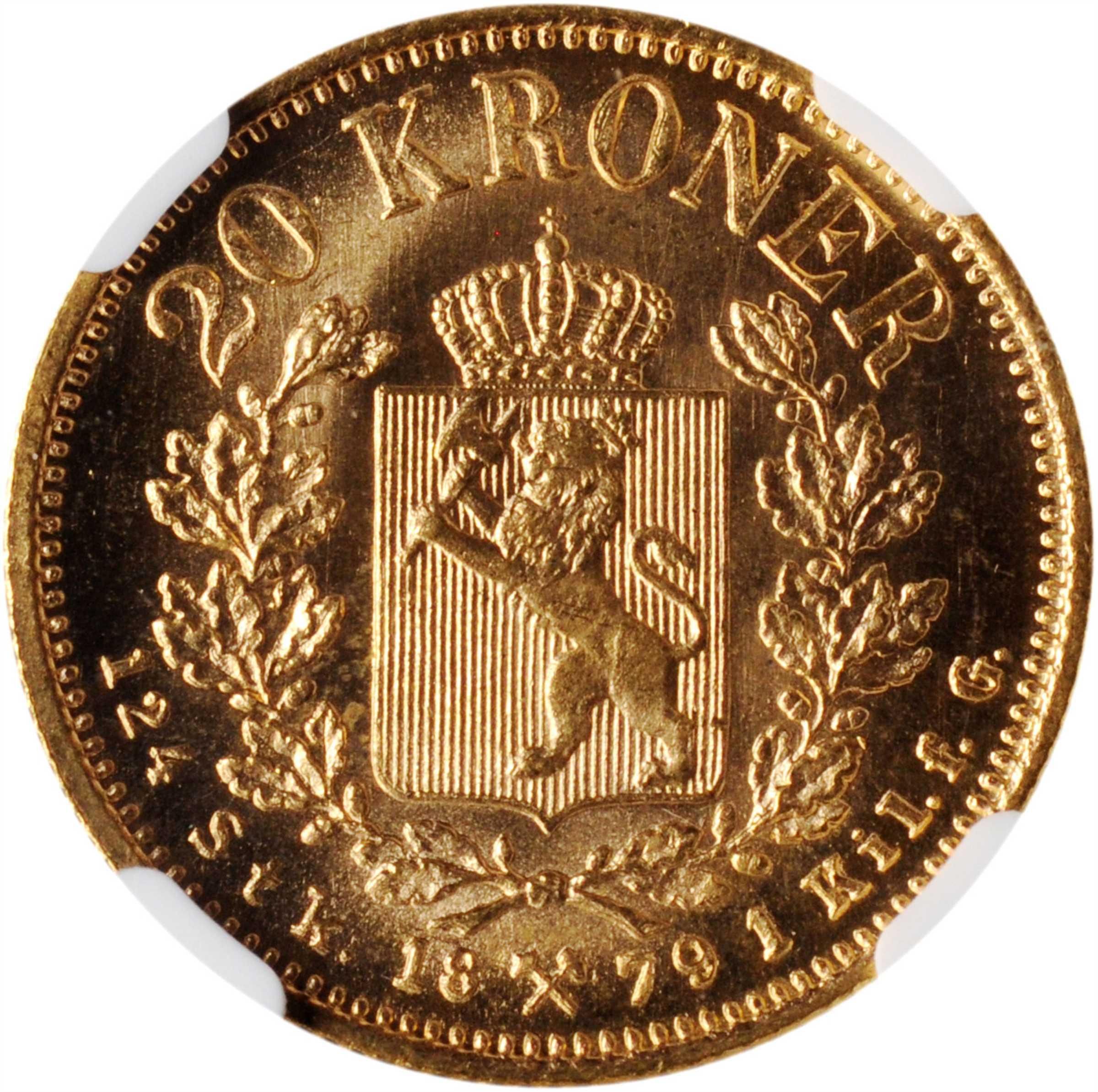 1874年 スウェーデン オスカル2 10クローネ金貨 NGC MS65 金上昇