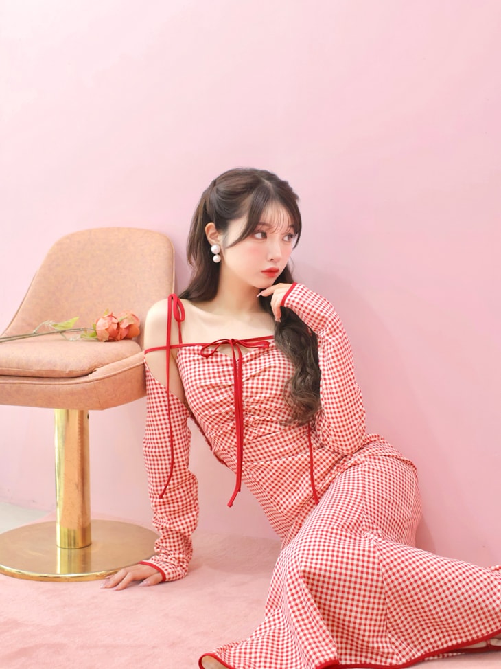 エムミーエメ チェックロングマーメイドワンピース赤 エムミーエメ