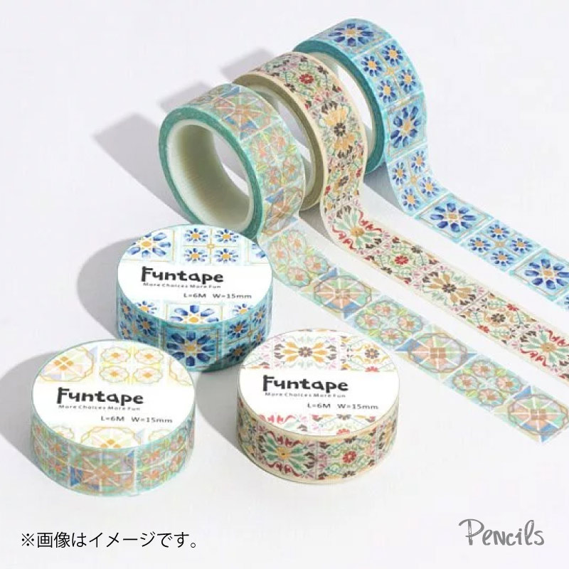 台湾〉Funtape マスキングテープ レトロタイル柄〔グリーン〕15mm