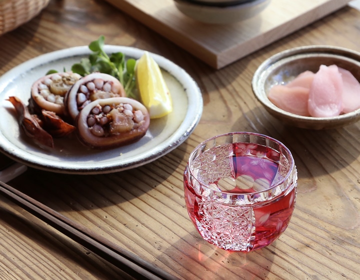 堀口硝子 桜の酒杯 金赤 グラヴィール 江戸切子 | メーカー別,は行