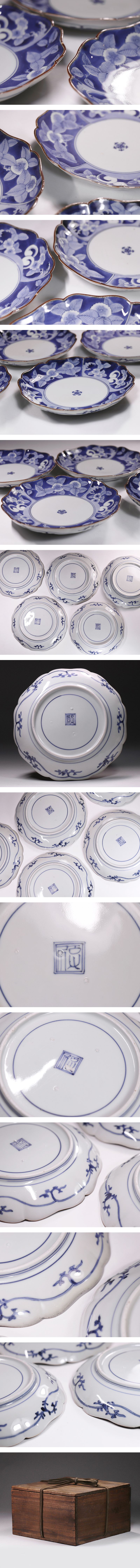 江戸時代 藍柿右衛門 染付 波花文 銹釉口 皿 5客