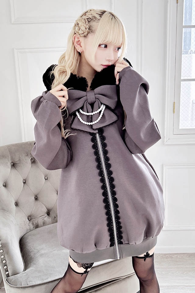 Princess Melody】りぼんタイ＆ファー付きロングパーカー - ブラック