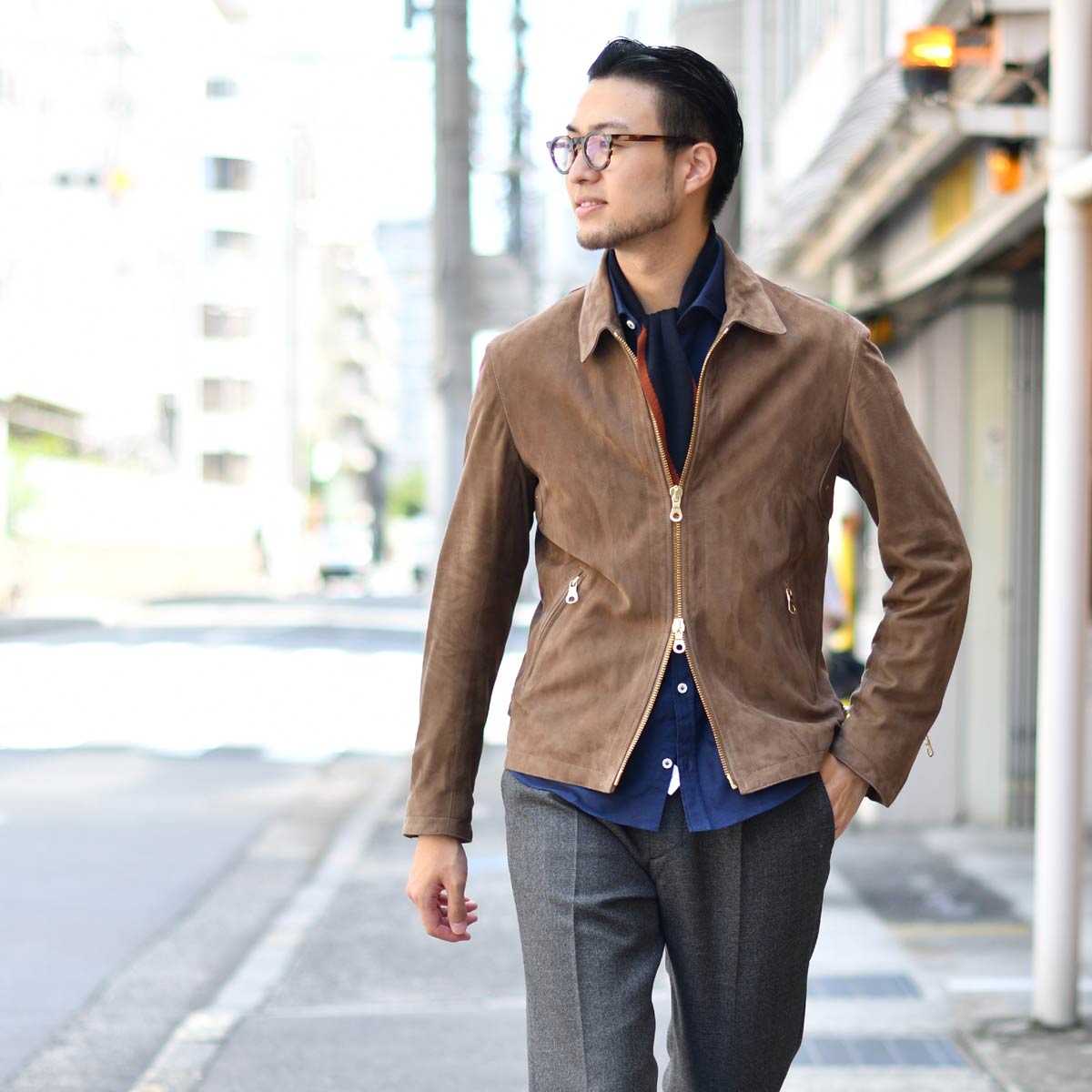 チンクワンタ ゴートスエード 襟付きシングルライダース ダーク