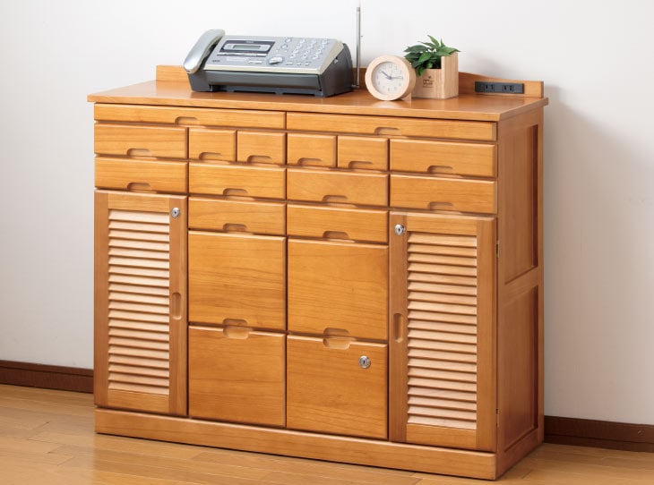 天然木 鍵付き引出しいっぱいファックス台 コンセント付き 96cm幅
