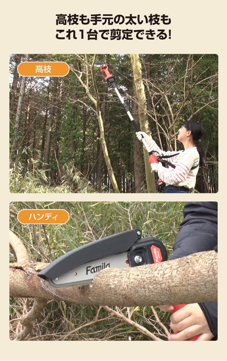 ファミラ NEW充電式コードレス2WAY高枝チェーンソー8点セット