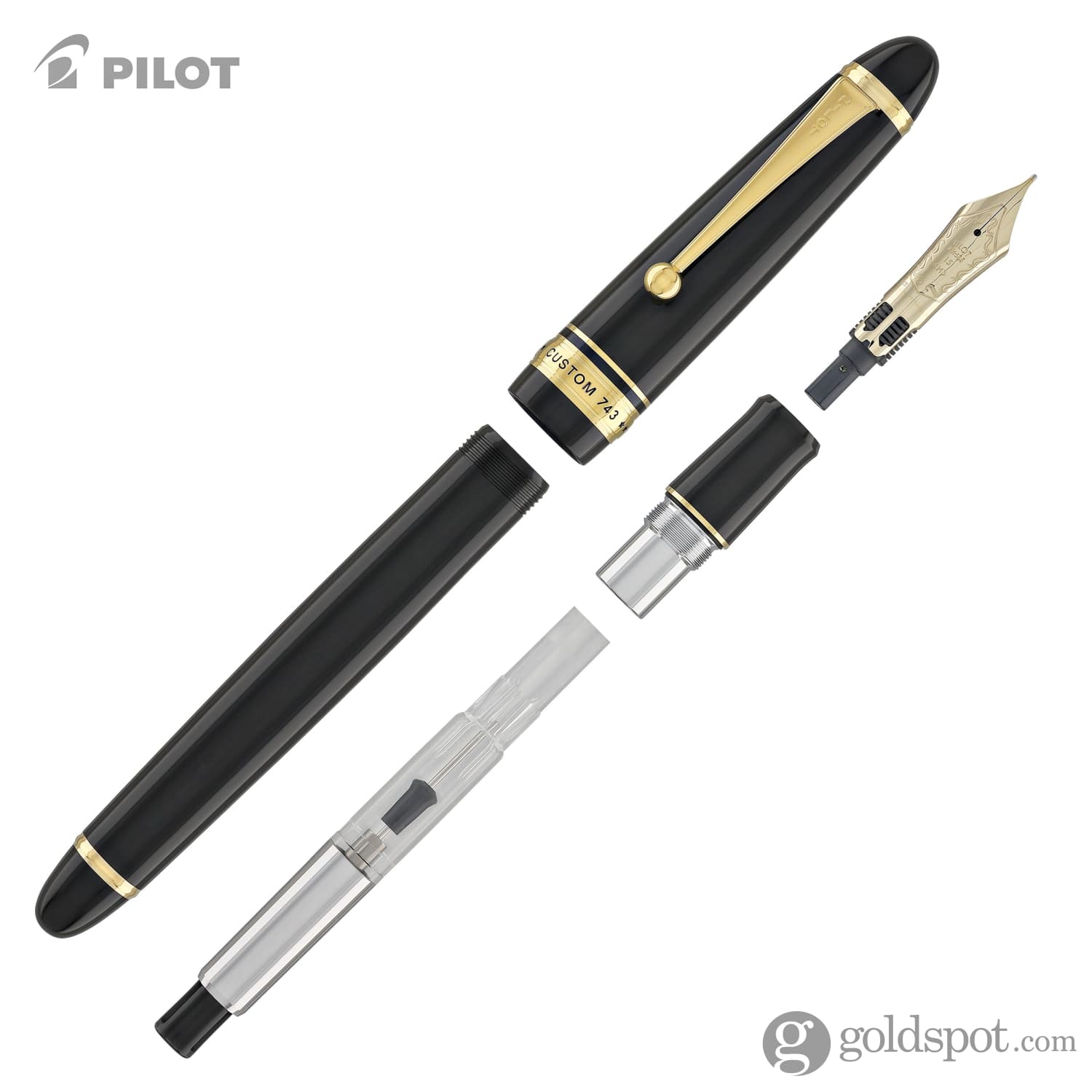 Pilot Custom 743 Fountain Pen in Black with Gold trim - 14kt Gold