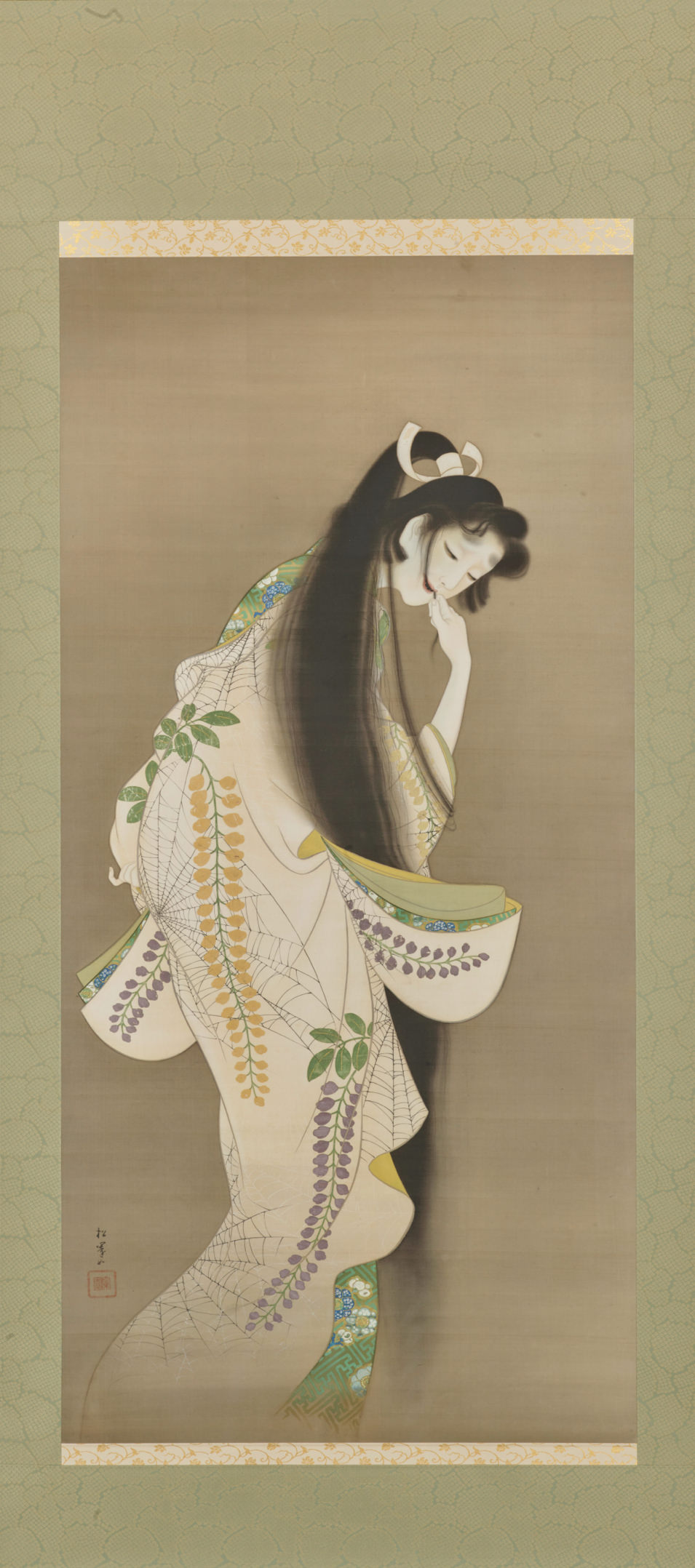 送料無料 （紙本)手描き 墨彩 上村松園 焔 日本画