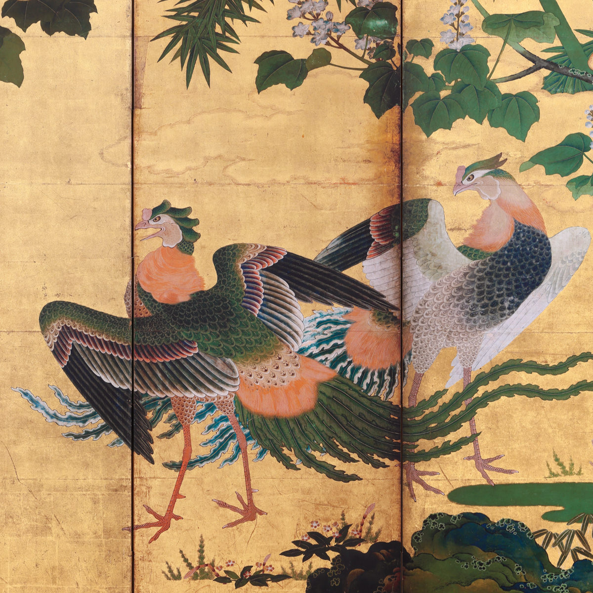 西陣織掛け軸 螺鈿双鶴 佐藤重教作 純金糸使用 美品 西陣織掛け軸