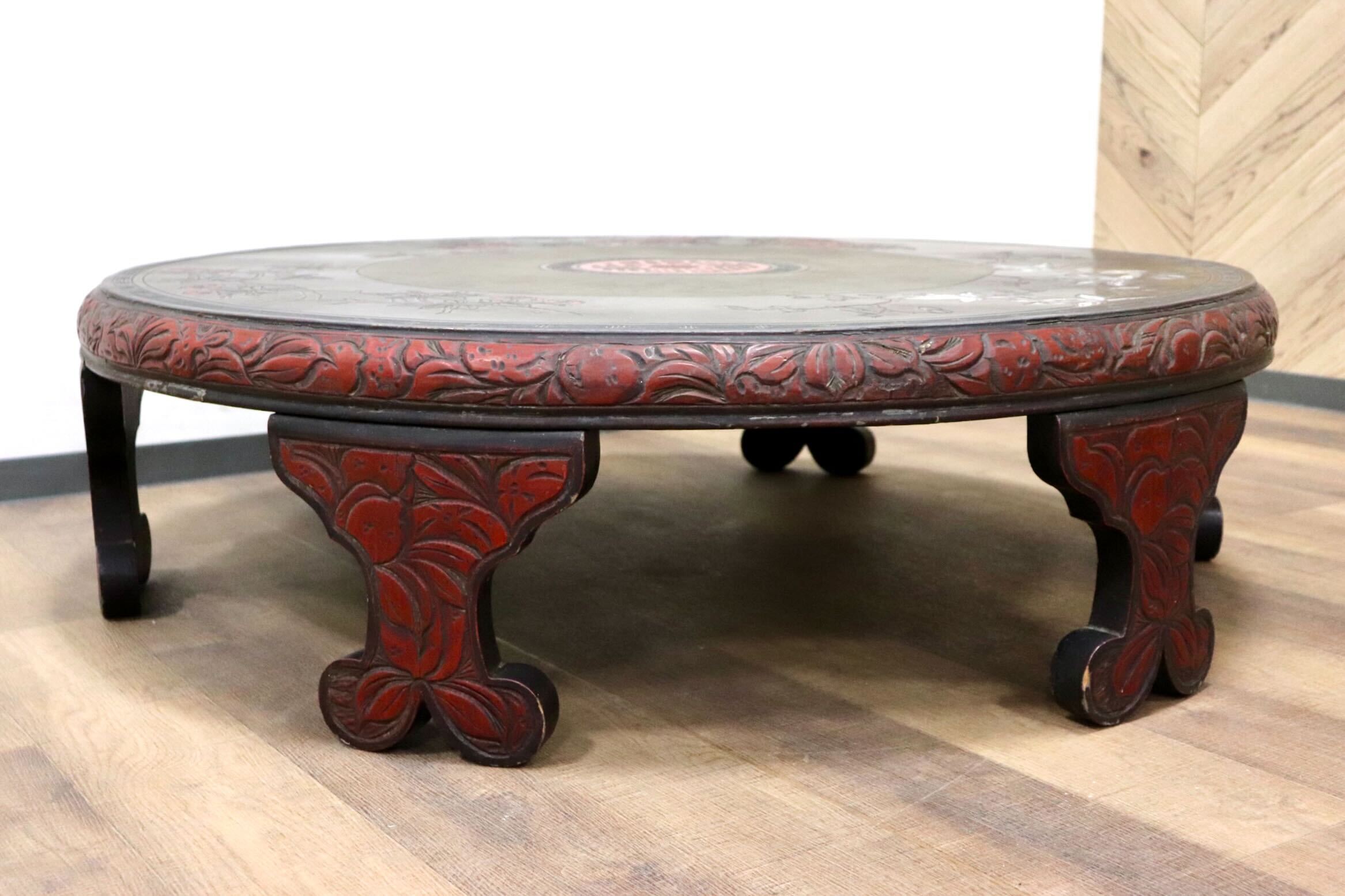 中国骨董 唐家具 飾彫り 円卓 座卓 ちゃぶ台 センターテーブル 古家具