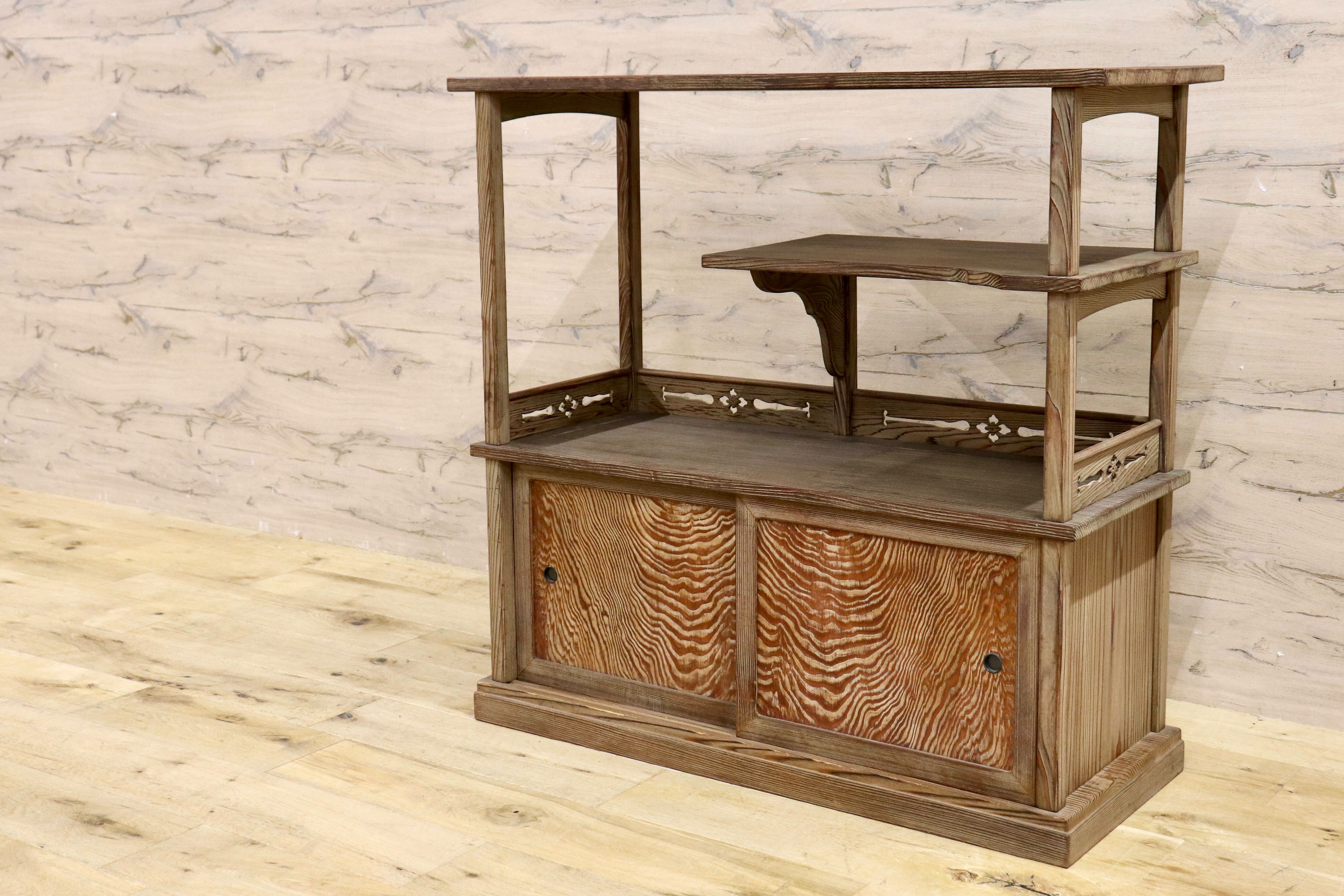 茶棚 茶箪笥 飾り棚 GMIS64○茶棚 茶箪笥 飾り棚 戸棚 無垢 透し彫り