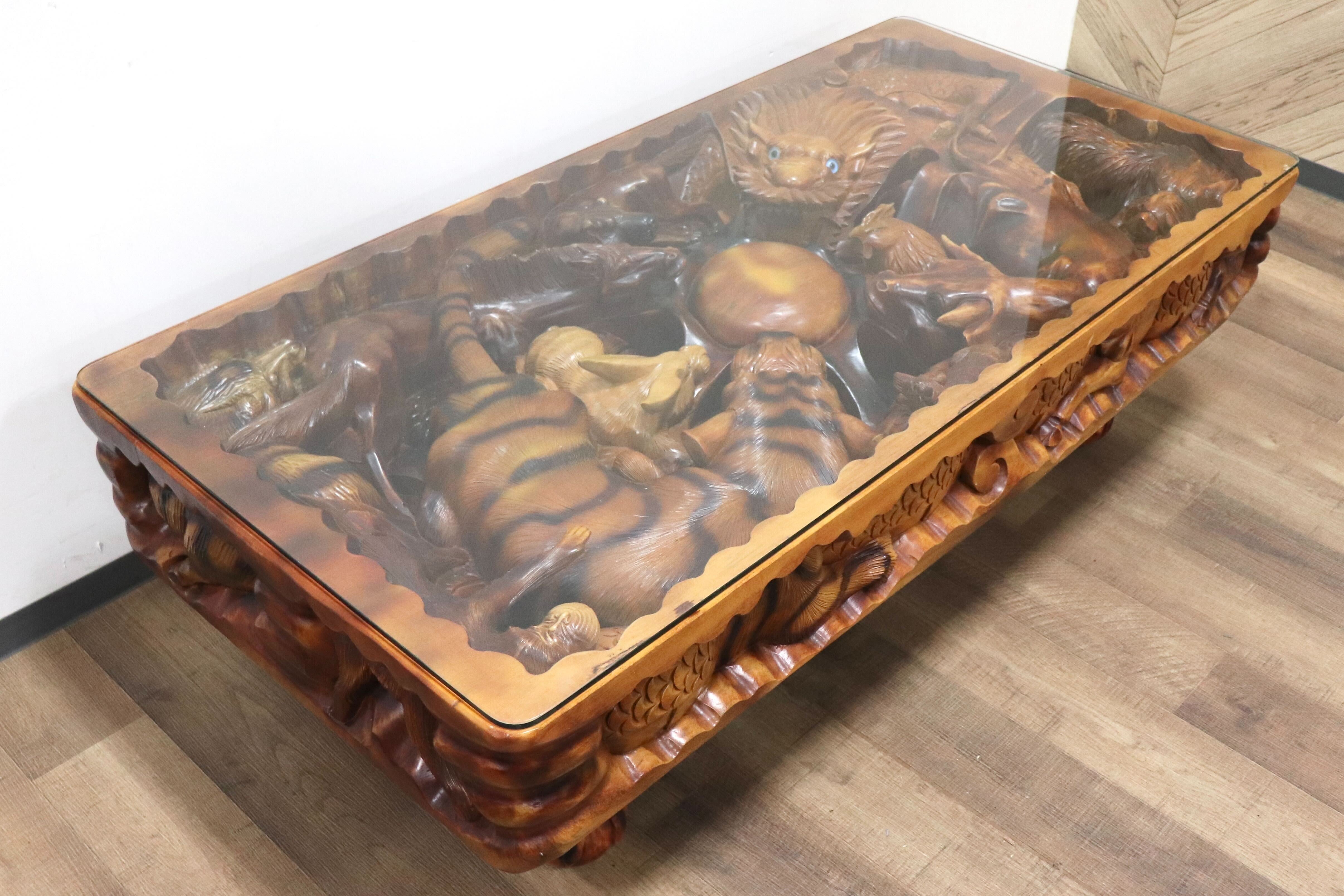 GMHS46○中国美術 十二支 木彫 彫刻 天然木 センターテーブル リビング