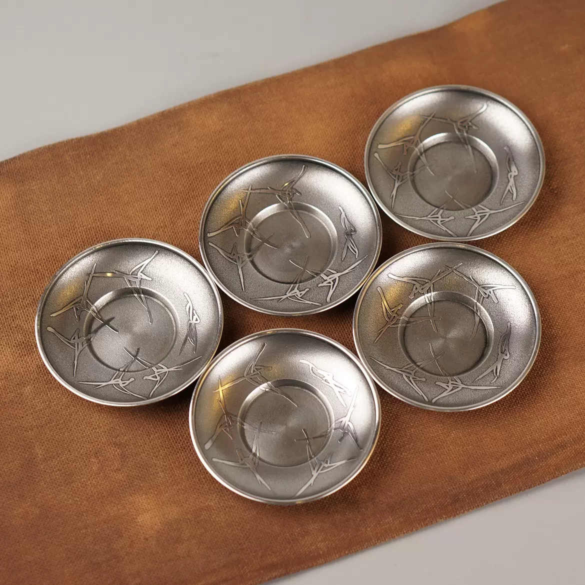 義春造錫製剣木瓜式茶托五客/桐箱】 煎茶道具錫器