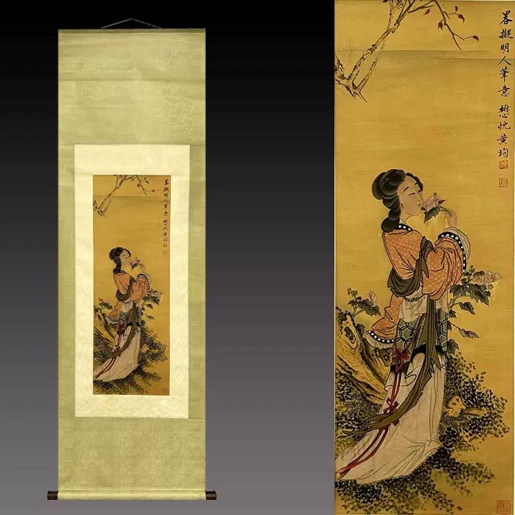 中国古美術・仕女図三尺画芯・純手描き・工筆・彩色画・仇英印款・書道