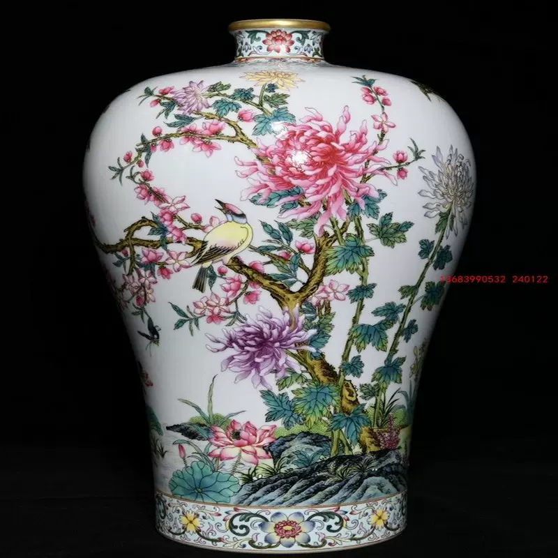 中国民国時期 粉彩 花鳥図 大瓶 高さ43cm ※耳の一つ