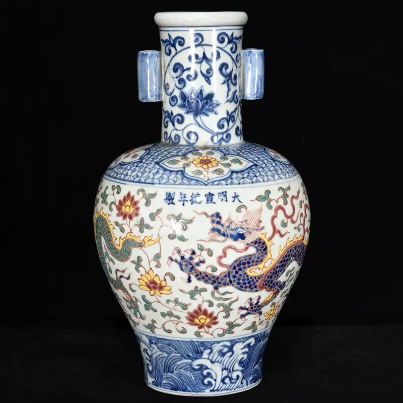 中国古玩 大明宣徳年製 古銅双耳花瓶 細密細工 古作 唐