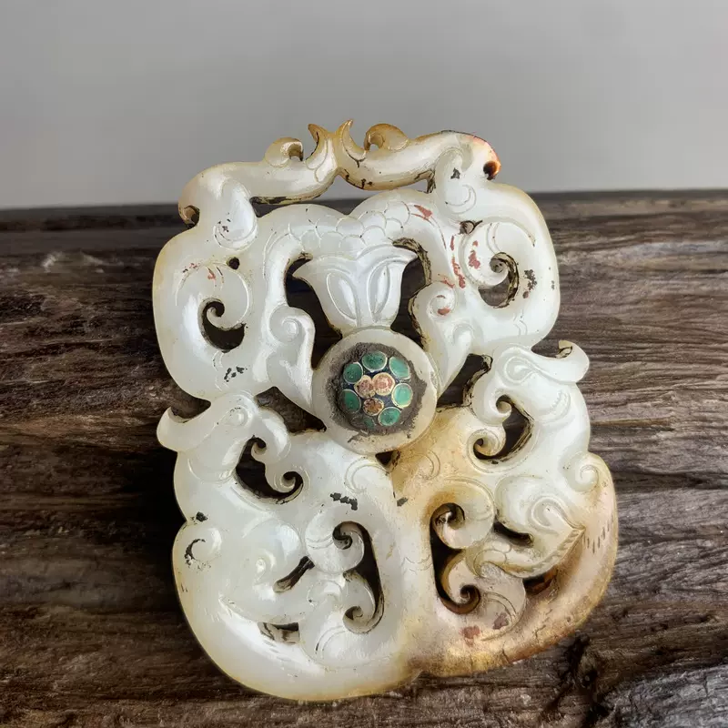 貴重品 本物和田白玉 土沁 明代 透彫り☆福禄双全☆虎鹿紋☆玉佩 根付