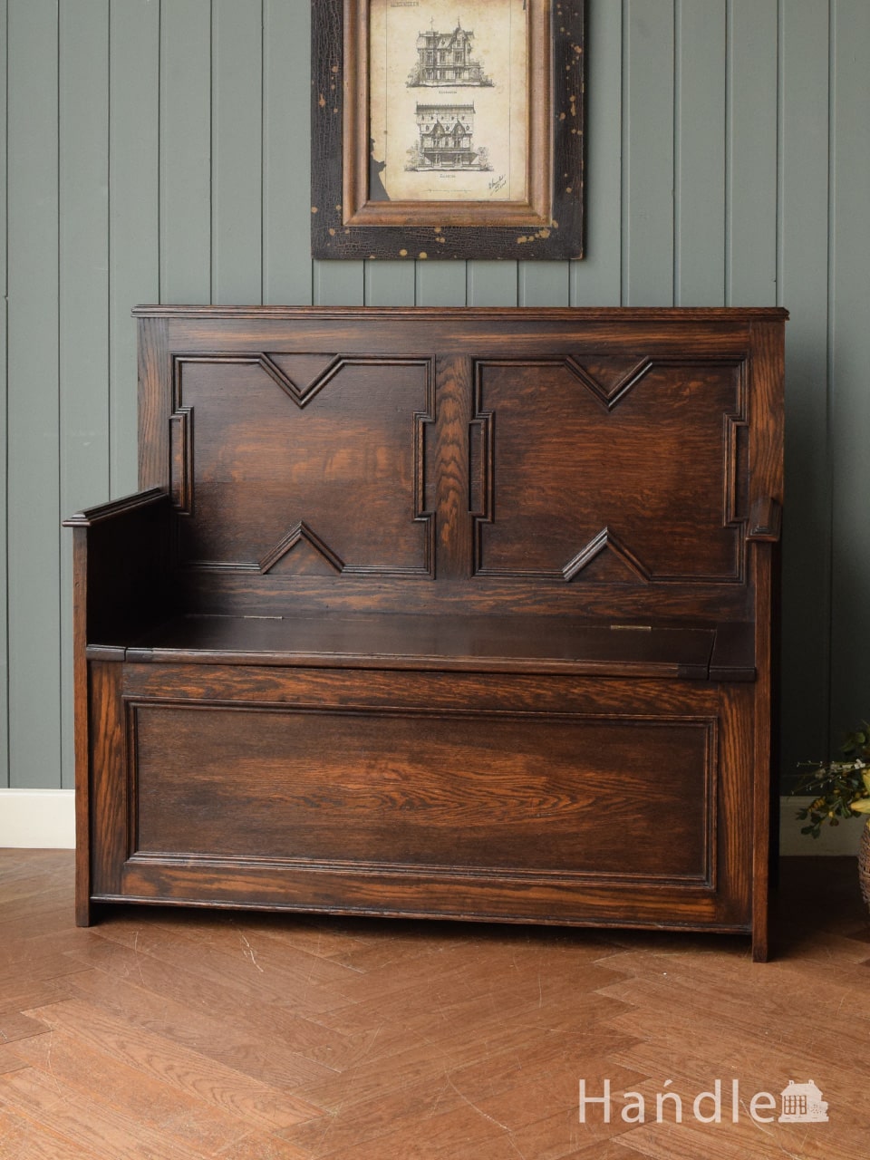 英国アンティークのおしゃれなベンチ、玄関で使われていたオーク材の