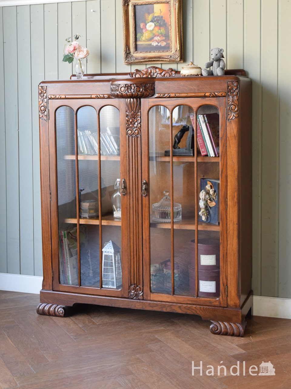 英国アンティーク木製ブックケースキャビネット/本棚/食器棚/飾り棚(91