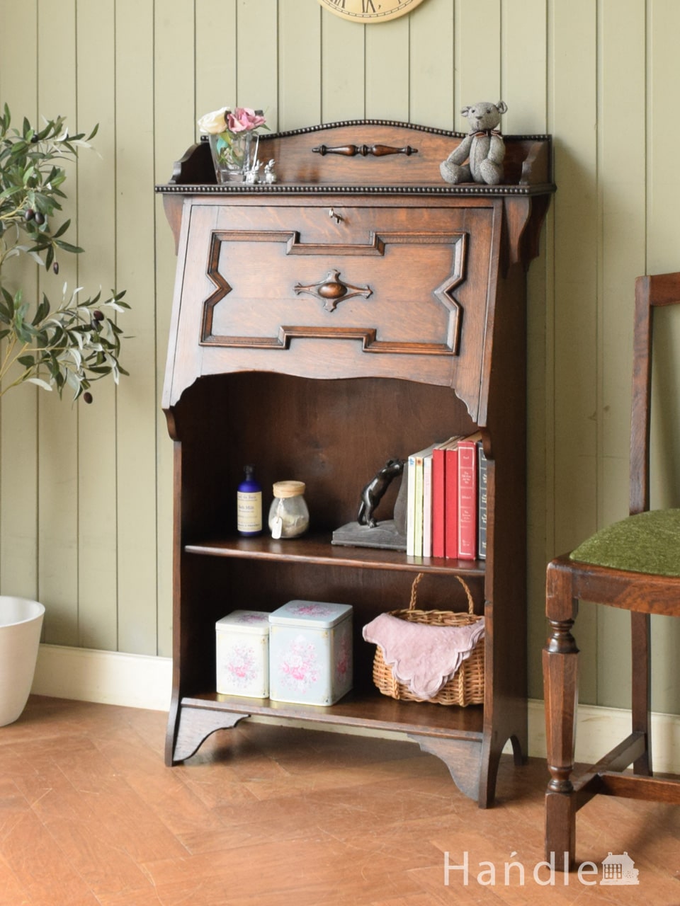 英国アンティークのライティングビューロー、オーク材のおしゃれな