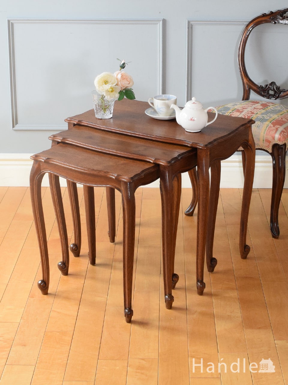 フランスアンティーク◇猫脚ネストテーブル3台/収納式机/ネコ足家具