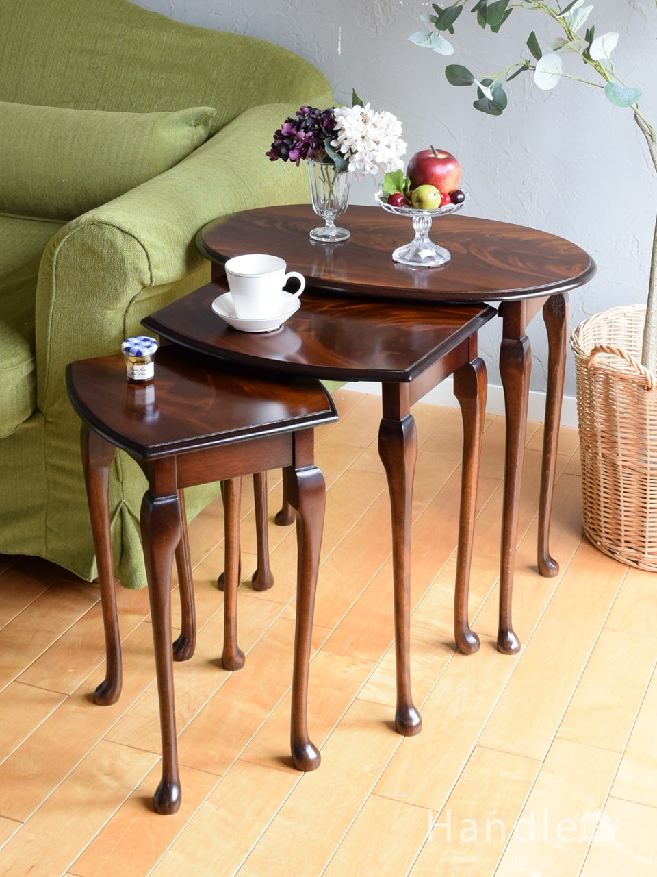 英国アンティーク木製ネストテーブル3台/収納式机/サイドテーブル(88