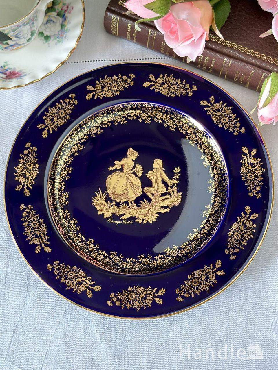 濃紺に金彩が美しいフランスリモージュのアンティークプレート(h-797-z