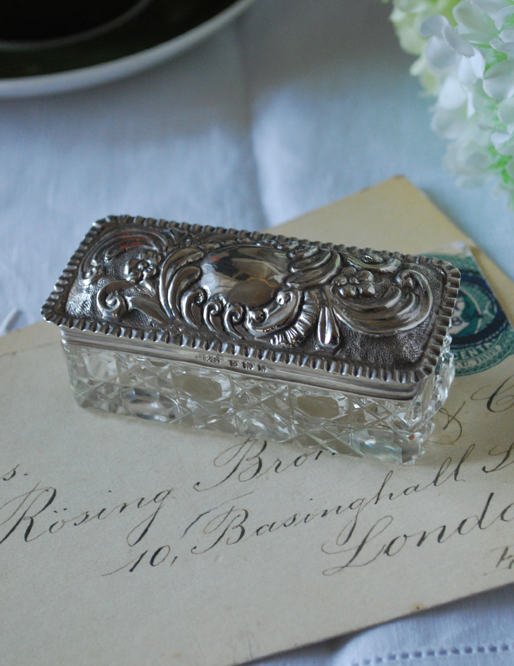 小物入れアンティークガラス英国イギリスホールマーク銀シルバー