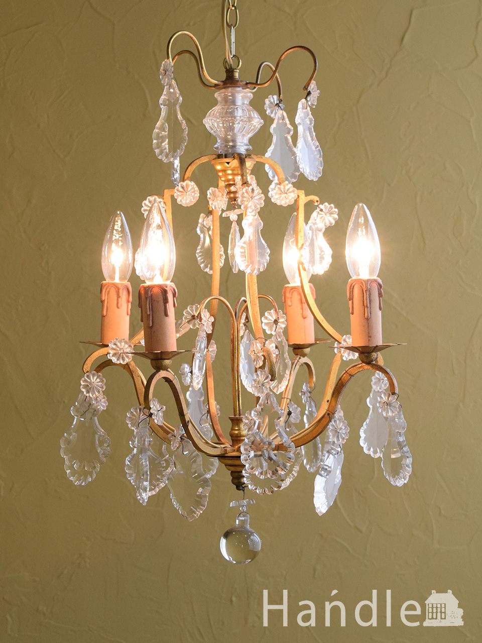 フランスアンティーク 木製シャンデリア 4灯 シャビー 店舗什器