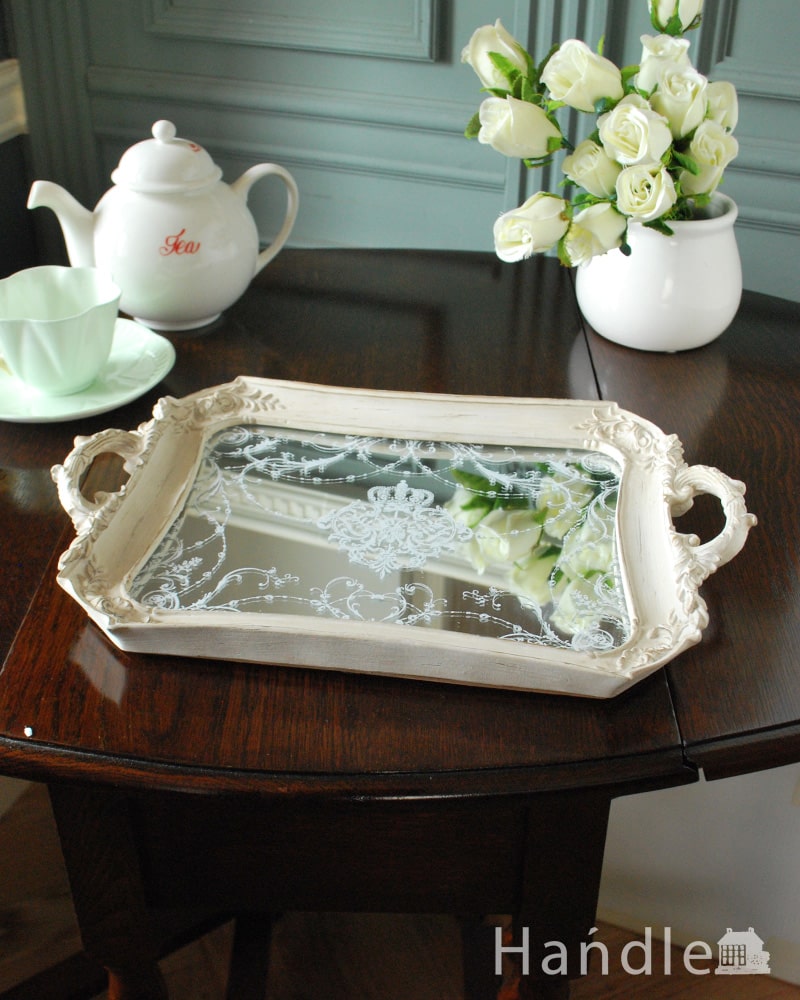 アンティーク調のおしゃれな雑貨、ミラートレイ（ホワイト）(n12-383