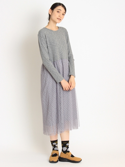 針抜きテレコ×ドット&プリーツチュールワンピース（カットワンピース