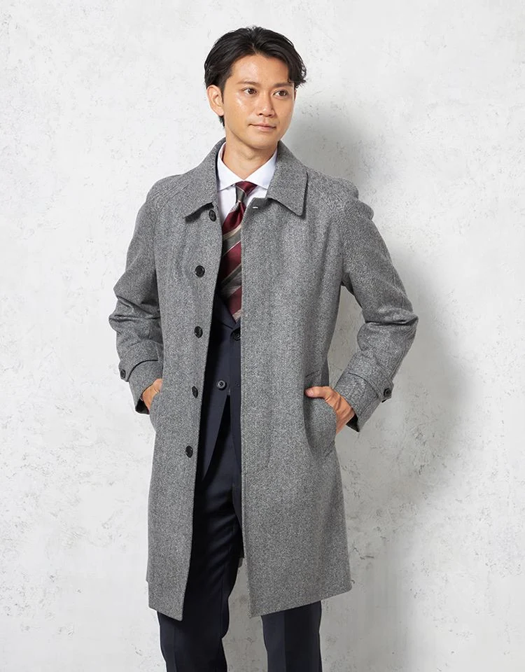 ネイビー 【ウール混】ステンカラーコート 尾州産ウール使用 ラグラン