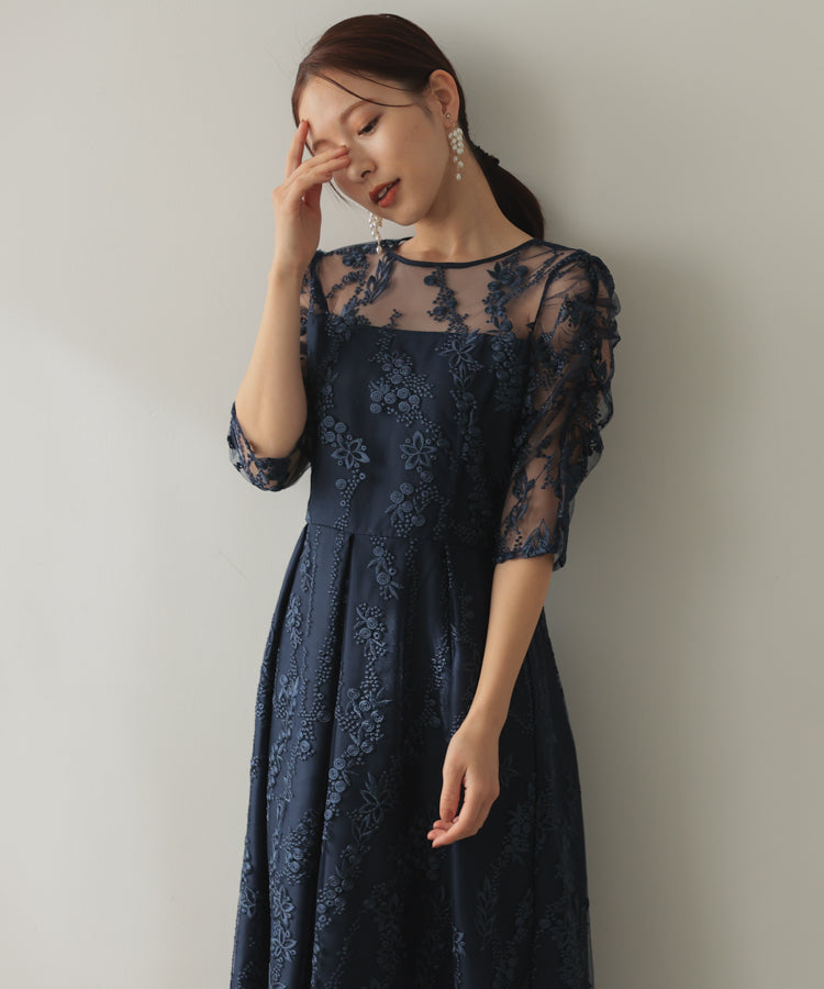 結婚式・お呼ばれドレス｜花柄刺繍ミディ丈ドレス/22321156 – haremode