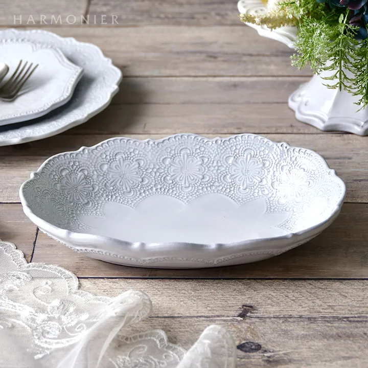 アビランド 花リム 大皿 白 ホワイト レルーフ リボン ボウ アビランド