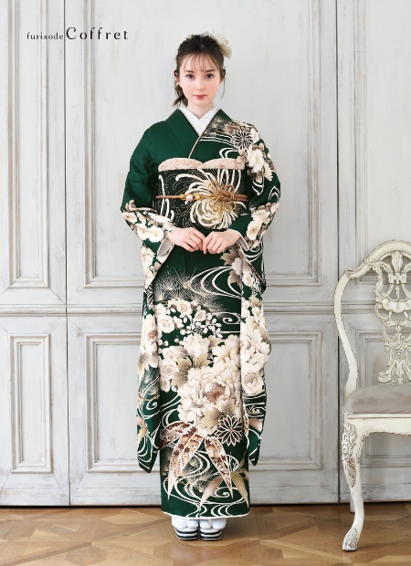 389 振袖フルセット 正絹 黄緑 ミントグリーン 金彩 刺繍 暈し染め