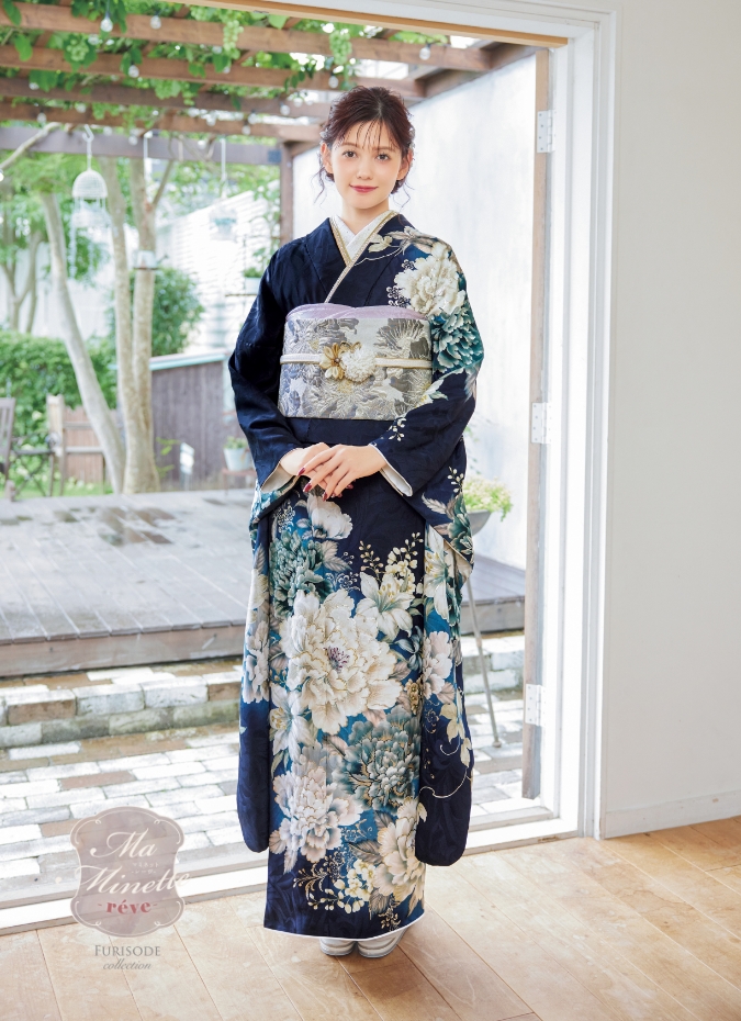 振袖フルセット 紺色 紺の現代の古典柄 正絹振袖 全て揃ったフル