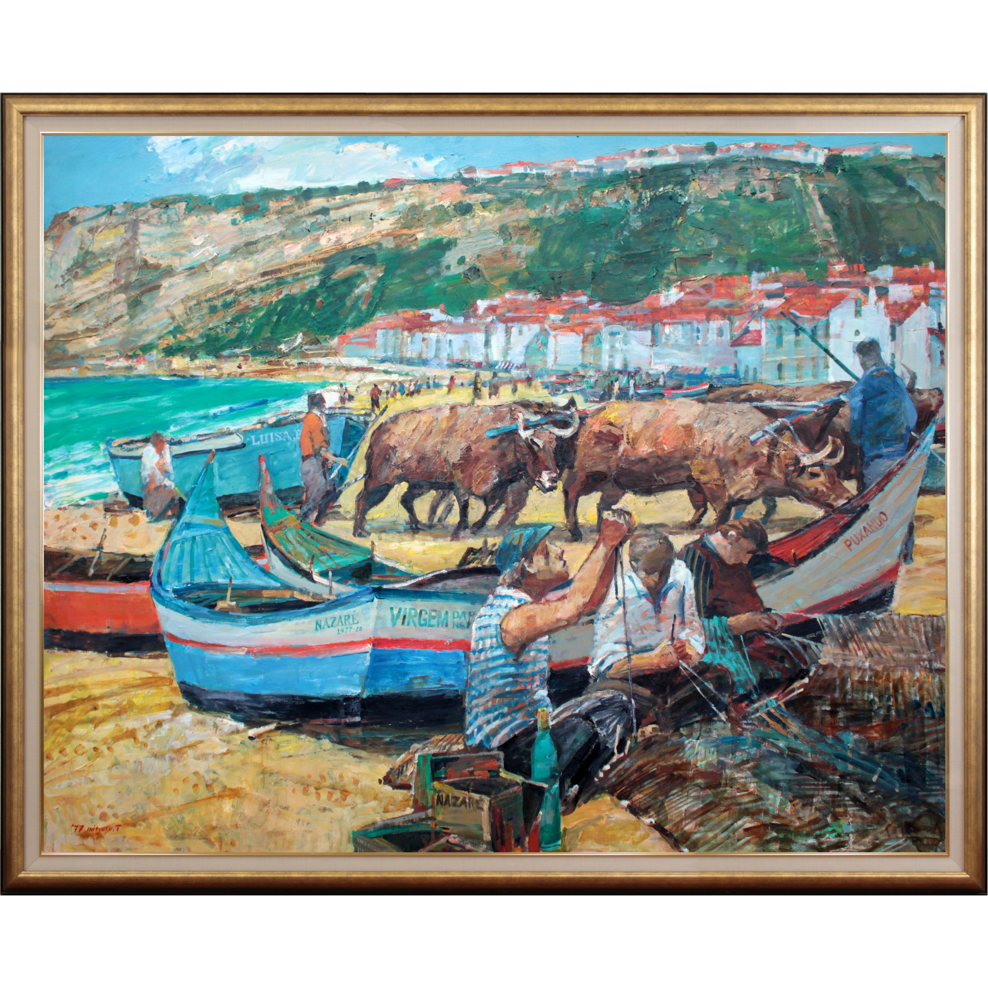 浜の正月」F10 '68 油絵 絵画 油彩画 日本 日の丸 国旗