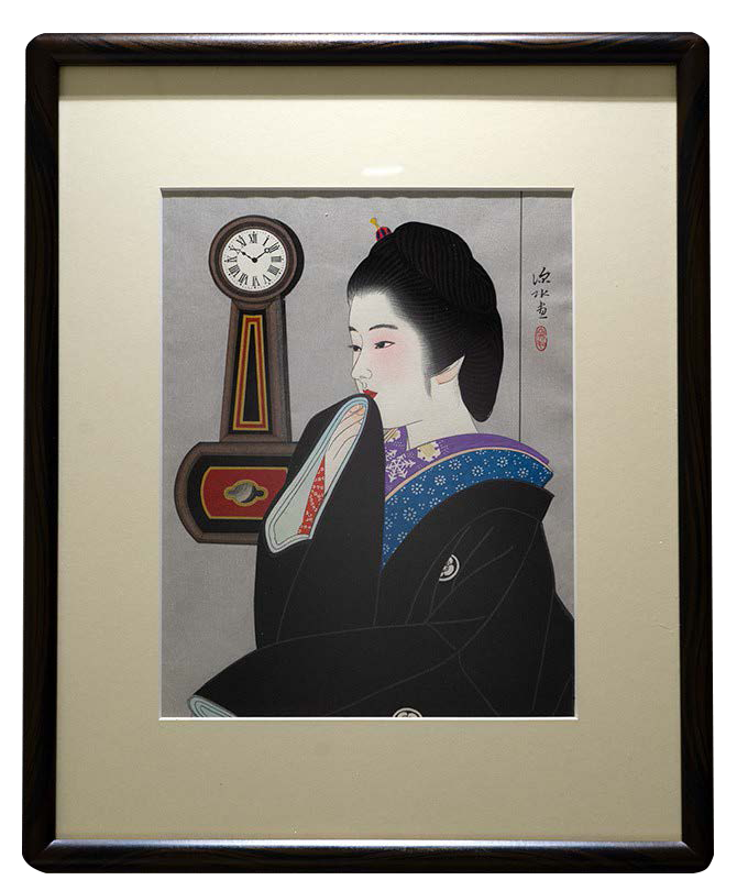 時計とコップ 川上澄生 額装 木版画 堀田時計店 1971年 時計とコップ