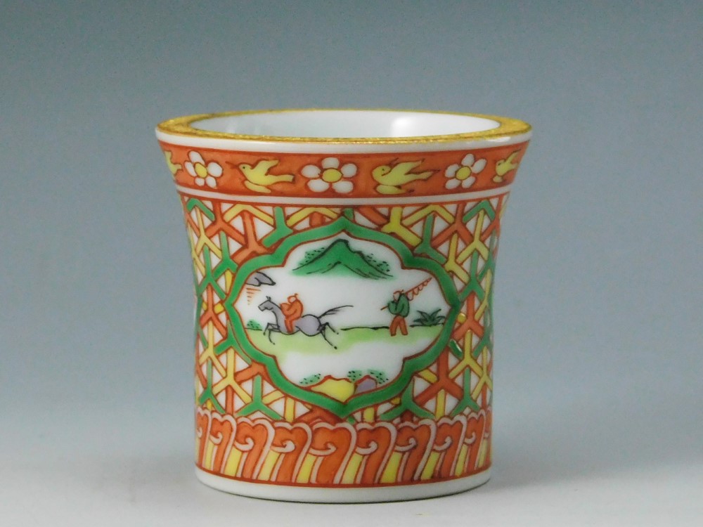 古い清水焼の色絵扇面形皿5客古箱入