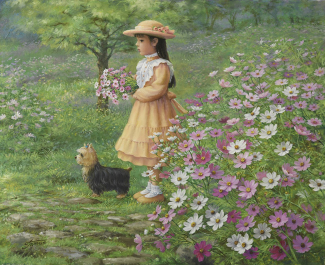 絵画 油彩画 少女 清水朋江 「小さな花」 絵画 油彩画 少女 清水朋江